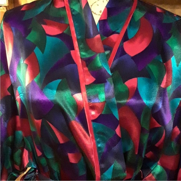 Vintage Silk like Cacique Lingerie Jewel toned Abstract Robe with tie Size Small - Picture 4 of 7